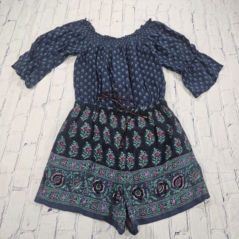 Ettitwa WOMENS SIZE S Jumpsuit Romper Blue Floral Short Sleeve One Piece Boho